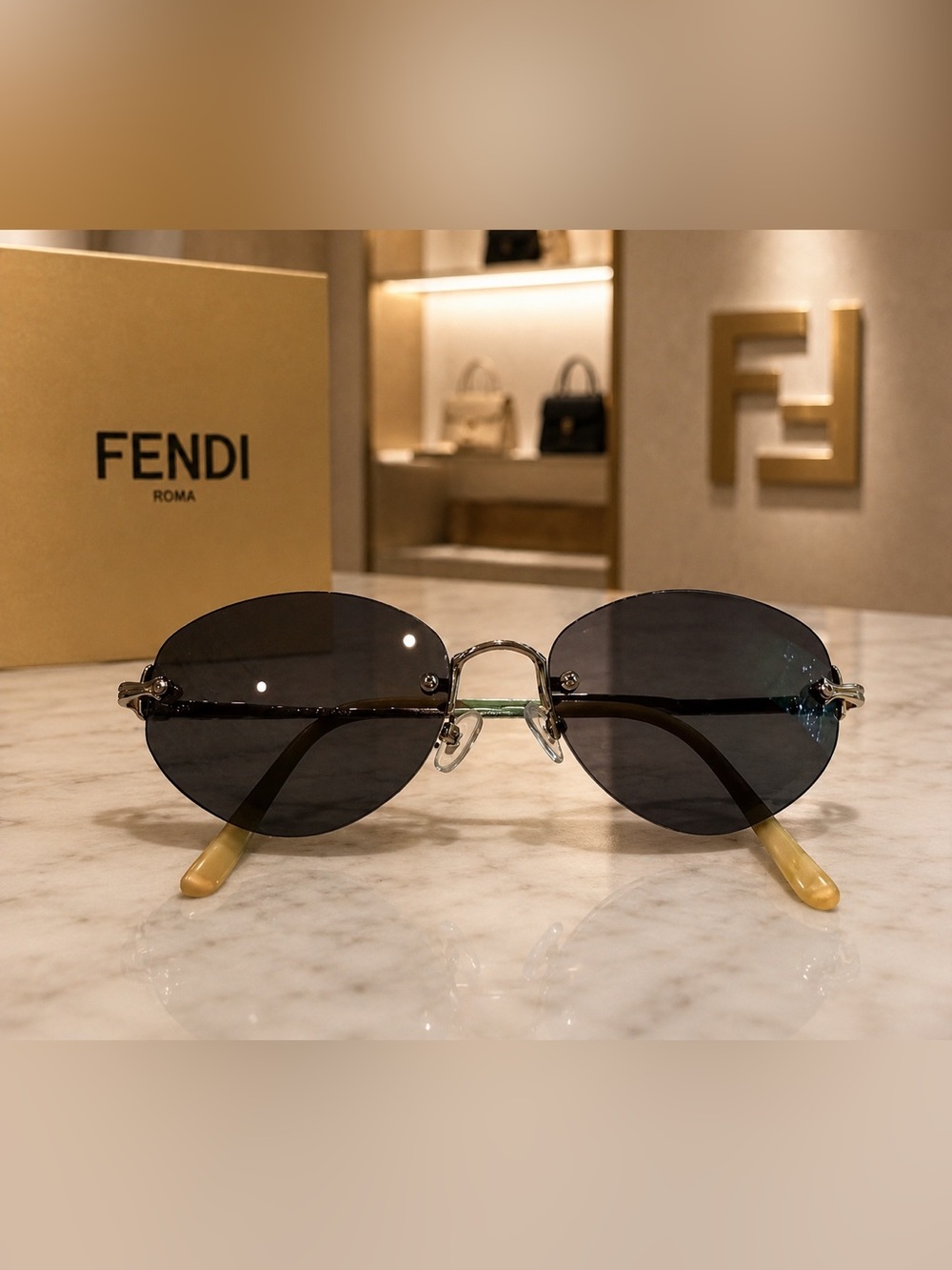 Rare Vintage Fendi Rimless Oval Sunglasses Silver Tone Made in Italy